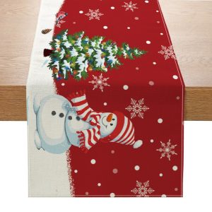Buffalo Plaid Christmas Table Runner with Gnome Print, Linen Holiday Tablecloth for Dining Decor (33x180cm) - Style8