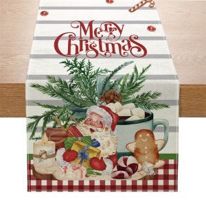 Buffalo Plaid Christmas Table Runner with Gnome Print, Linen Holiday Tablecloth for Dining Decor (33x180cm) - Style1