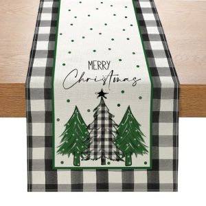 Buffalo Plaid Christmas Table Runner with Gnome Print, Linen Holiday Tablecloth for Dining Decor (33x180cm) - Style3