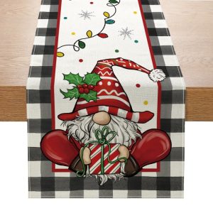 Buffalo Plaid Christmas Table Runner with Gnome Print, Linen Holiday Tablecloth for Dining Decor (33x180cm) - Style4