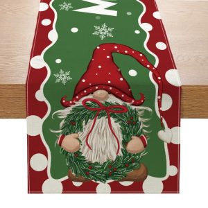 Buffalo Plaid Christmas Table Runner with Gnome Print, Linen Holiday Tablecloth for Dining Decor (33x180cm) - Style9