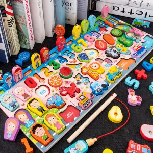 Tegooe Wooden Montessori Busy Board with Numbers, Shapes, Colors, and Fishing Puzzle for Kids 3+ - 401