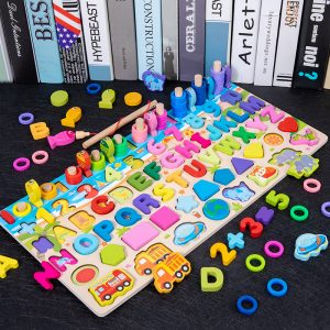 Tegooe Wooden Montessori Busy Board with Numbers, Shapes, Colors, and Fishing Puzzle for Kids 3+ - 762 7in1