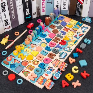Tegooe Wooden Montessori Busy Board with Numbers, Shapes, Colors, and Fishing Puzzle for Kids 3+ - 397