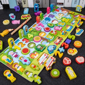 Tegooe Wooden Montessori Busy Board with Numbers, Shapes, Colors, and Fishing Puzzle for Kids 3+ - 736