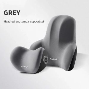 Ergonomic Car Seat Memory Foam Neck Pillow Headrest and Lumbar Support Cushion Set - Grey Set