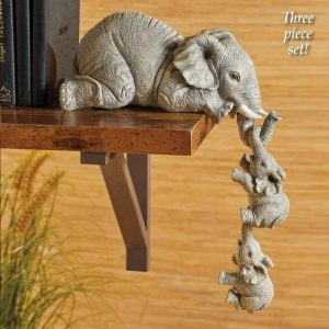 3 Pcs Elephant Shelf Sitter Decor Set - Resin Hanging Baby Elephant Figurines for Home, Desk, or Bookcase Decoration