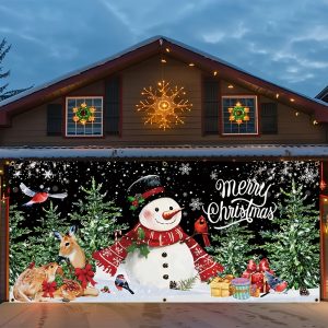 Large Christmas Garage Door Banner Decoration with Snowman, Reindeer, and "Merry Christmas" Greeting (Multi-Size)