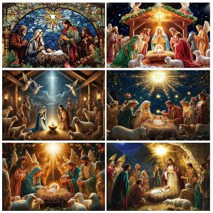 Nativity Scene Christmas Backdrop | Stained Glass Style Nativity Background Banner for Holiday Party & Photo Booth Props