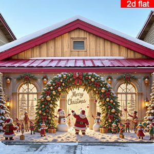 Christmas Arch Garage Door Banner Decoration with Santa, Snowman & Elves - Winter Wonderland Holiday Backdrop