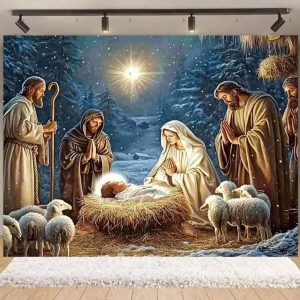 Nativity Scene Christmas Backdrop | Stained Glass Style Nativity Background Banner for Holiday Party & Photo Booth Props - Qmy82-3