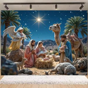 Nativity Scene Christmas Backdrop | Stained Glass Style Nativity Background Banner for Holiday Party & Photo Booth Props - Qmy82-4