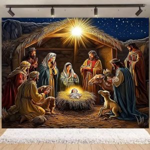 Nativity Scene Christmas Backdrop | Stained Glass Style Nativity Background Banner for Holiday Party & Photo Booth Props - Qmy82-5