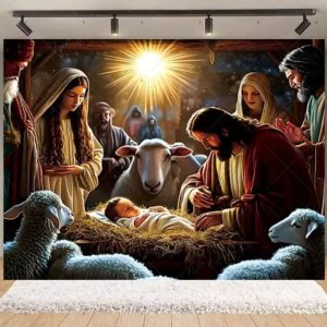 Nativity Scene Christmas Backdrop | Stained Glass Style Nativity Background Banner for Holiday Party & Photo Booth Props - Qmy82-6