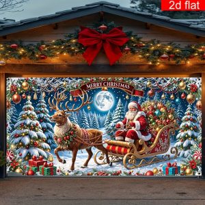 Extra Large Christmas Garage Door Mural Banner - Santa & Reindeer Sleigh Scene Backdrop for Holiday Outdoor Decoration (Multiple Sizes)