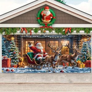 Festive Christmas Garage Door Banner - Santa Sleigh & Reindeer Holiday Decoration (Multiple Sizes)