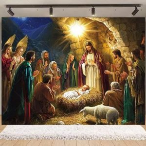 Nativity Scene Christmas Backdrop | Stained Glass Style Nativity Background Banner for Holiday Party & Photo Booth Props - Qmy82-7