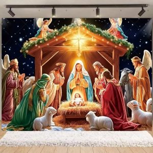 Nativity Scene Christmas Backdrop | Stained Glass Style Nativity Background Banner for Holiday Party & Photo Booth Props - Qmy82-8