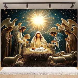 Nativity Scene Christmas Backdrop | Stained Glass Style Nativity Background Banner for Holiday Party & Photo Booth Props - Qmy82-9