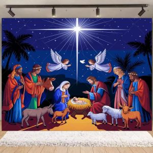 Nativity Scene Christmas Backdrop | Stained Glass Style Nativity Background Banner for Holiday Party & Photo Booth Props - Qmy82-10