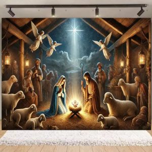 Nativity Scene Christmas Backdrop | Stained Glass Style Nativity Background Banner for Holiday Party & Photo Booth Props - Qmy82-11