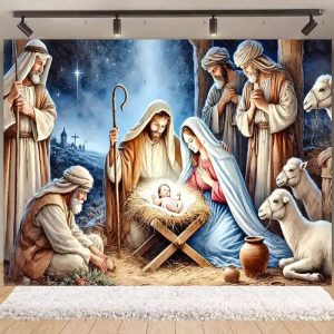 Nativity Scene Christmas Backdrop | Stained Glass Style Nativity Background Banner for Holiday Party & Photo Booth Props - Qmy82-12