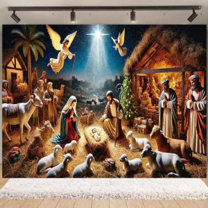 Nativity Scene Christmas Backdrop | Stained Glass Style Nativity Background Banner for Holiday Party & Photo Booth Props - Qmy82-13