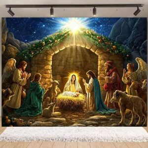 Nativity Scene Christmas Backdrop | Stained Glass Style Nativity Background Banner for Holiday Party & Photo Booth Props - Qmy82-14