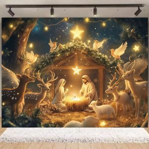 Nativity Scene Christmas Backdrop | Stained Glass Style Nativity Background Banner for Holiday Party & Photo Booth Props - Qmy82-15