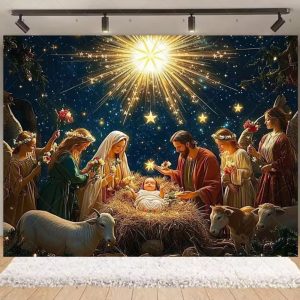 Nativity Scene Christmas Backdrop | Stained Glass Style Nativity Background Banner for Holiday Party & Photo Booth Props - Qmy82-16