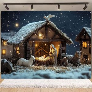 Nativity Scene Christmas Backdrop | Stained Glass Style Nativity Background Banner for Holiday Party & Photo Booth Props - Qmy82-19