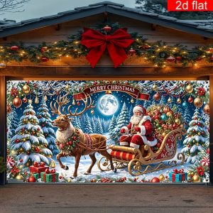 Giant Christmas Garage Door Mural Banner - Santa Claus, Reindeer Sleigh & Winter Wonderland Scene Holiday Outdoor Decor (Tegooe)