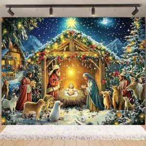 Nativity Scene Christmas Backdrop | Stained Glass Style Nativity Background Banner for Holiday Party & Photo Booth Props - Qmy82-24