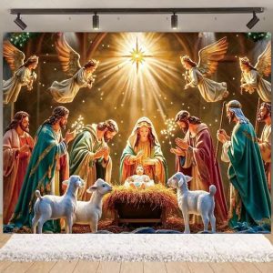 Nativity Scene Christmas Backdrop | Stained Glass Style Nativity Background Banner for Holiday Party & Photo Booth Props - Qmy82-25