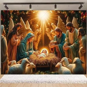 Nativity Scene Christmas Backdrop | Stained Glass Style Nativity Background Banner for Holiday Party & Photo Booth Props - Qmy82-23