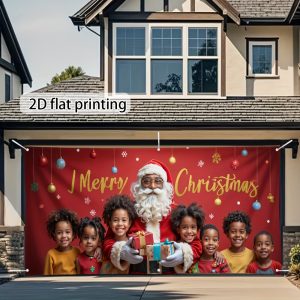 Large African American Santa & Kids Garage Door Banner – Festive Outdoor/Indoor Christmas Backdrop