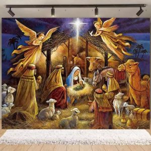 Nativity Scene Christmas Backdrop | Stained Glass Style Nativity Background Banner for Holiday Party & Photo Booth Props - Qmy82-27