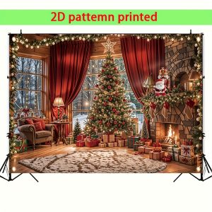 2d Multifunctional Christmas Background With Fireplace And Tree Design, Featuring Four Holes For Easy Hanging