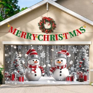 Christmas Snowman Garage Door Banner, Universal Holiday Background Set, For Home, Party, Photo Booth