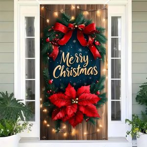 Festive Christmas Door Cover Banner - Wood Grain Wreath & Red Poinsettia Polyester Holiday Decoration Photo Background Cloth
