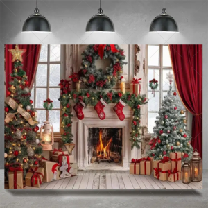 Christmas Party Decoration Winter Fireplace Xmas Tree Background Baby Shower Supplies Banner Photo Prop Backdrop Children Gift - Y60-19