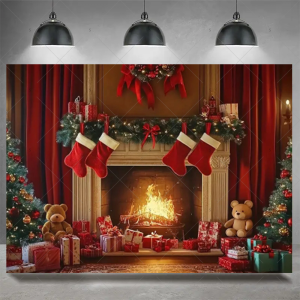 Christmas Party Decoration Winter Fireplace Xmas Tree Background Baby Shower Supplies Banner Photo Prop Backdrop Children Gift - Y60-6