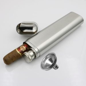 2oz Portable Stainless Steel Hip Flask & Cigar Holder Set with Funnel – Pocket Flagon for Whiskey & Vodka