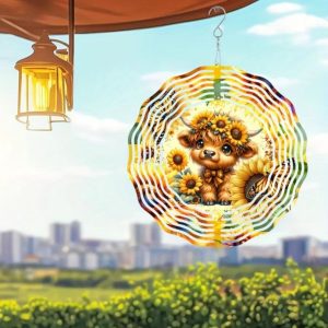 Tegooe Highland Cow & Sunflower Metal Wind Spinner (2D Laser-Cut) – Hanging Outdoor Garden Art & Patio Decor