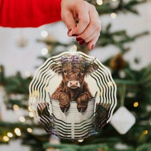 Tegooe 2D Metal Highland Cow Wind Chime Spinner - Floral Print Art