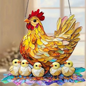 Tegooe Stained Glass Style Chicken Suncatcher – Mother Hen & Chicks Farmhouse Window Panel Hanging Decoration, Animal Enthusiast Gift