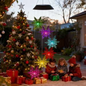 Solar Snowflake Wind Chime Lights Outdoor Hanging Decor, Waterproof Color-Changing LED Starburst Garden Ornament for Patio, Yard, and Christmas