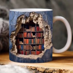 3D Library Bookshelf Ceramic Coffee Mug, Creative Design Multi-purpose Cup, 401-500ml Capacity, Unique Gift for Book Lovers