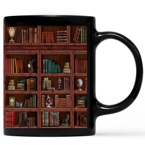 Library Bookshelf Coffee Mug, 11oz Black Ceramic Book Lovers Gift for Readers, Bookish Home Decor