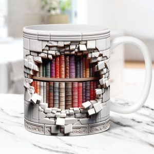 3D Bookshelf Ceramic Coffee Mug, 11oz Library Book Shelf Design Tea Cup, Microwave & Dishwasher Safe Gift for Readers - D